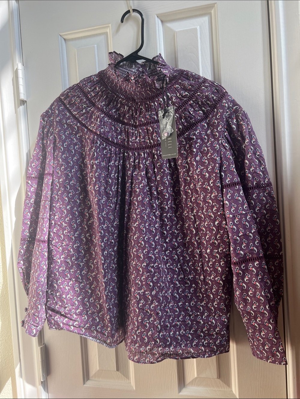 NWT Hunter Bell Veronica Top Purple Paisley Smocked High Neck Blouse Small - Picture 2 of 9